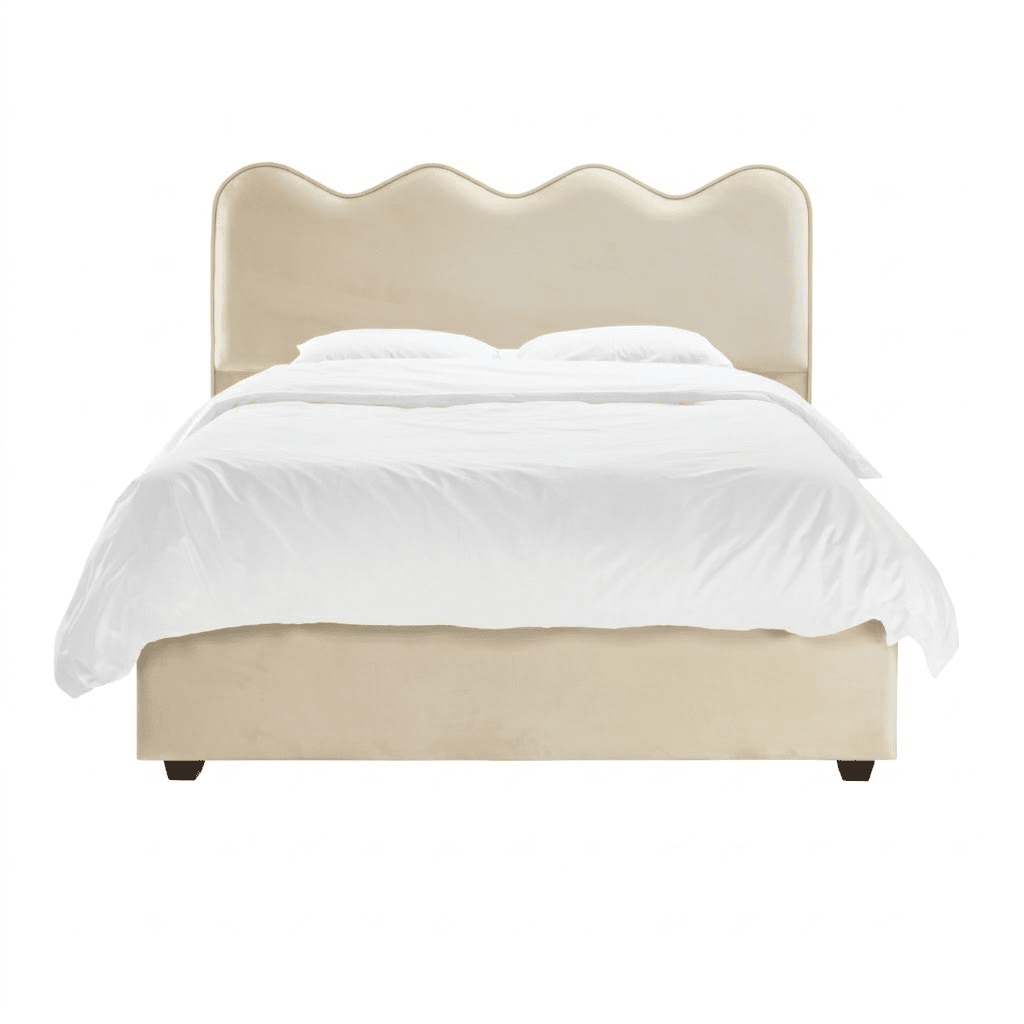 Squiggle Vanilla Velvet Scalloped Bed with Cream Piping Detail 