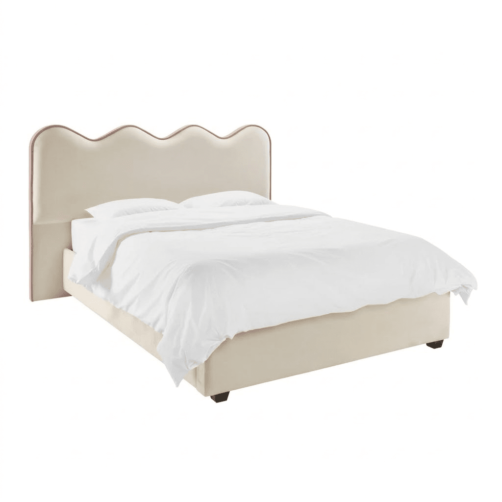 Squiggle Vanilla Velvet Scalloped Bed with Pink Piping Detail Beds and Headboards 