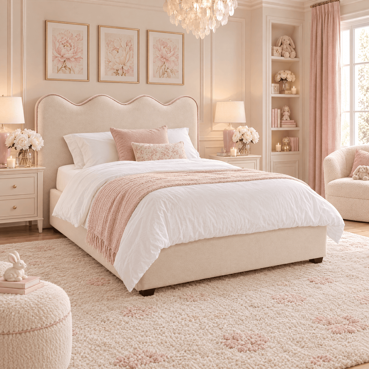 Squiggle Vanilla Velvet Scalloped Bed with Pink Piping Detail Beds and Headboards 