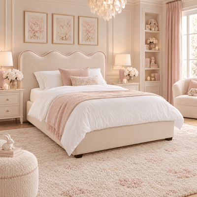 Squiggle Vanilla Velvet Scalloped Bed with Pink Piping Detail Beds and Headboards 