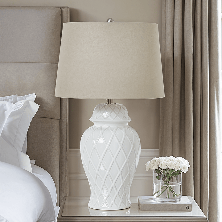 Stratford Ceramic Ginger Jar Lamp with Neutral Linen Shade Lighting 