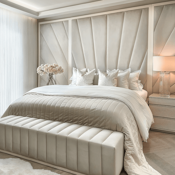 Sunburst Silver Velvet & Oyster Luxury Wall Mounted Headboard with Wings MTO Beds and Headboards 