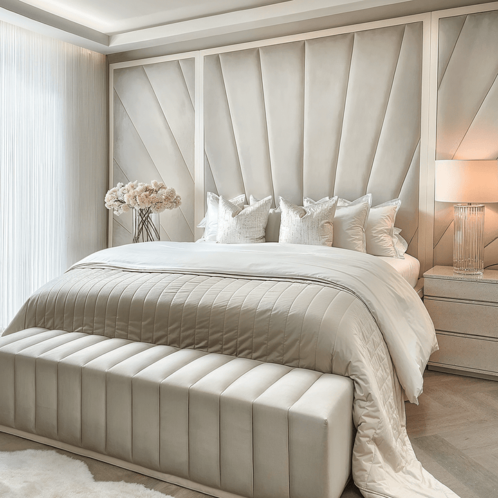 Sunburst Silver Velvet & Oyster Luxury Wall Mounted Headboard with Wings MTO Beds and Headboards 