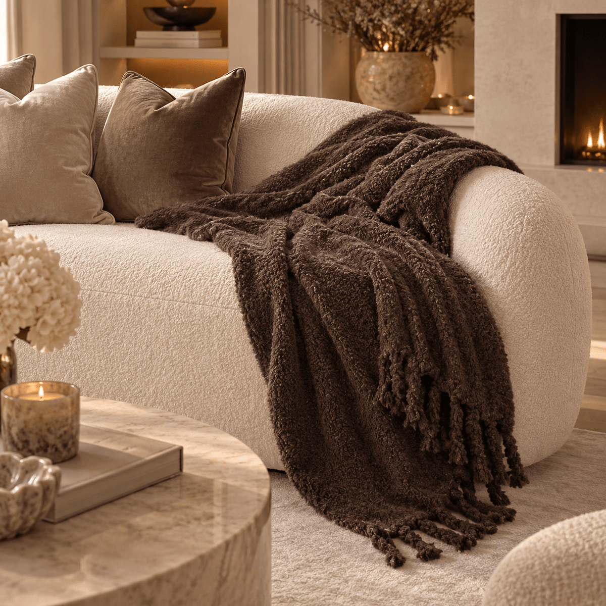 Sydney Chocolate Brown Sherpa Tasselled Edge Throw Textiles 