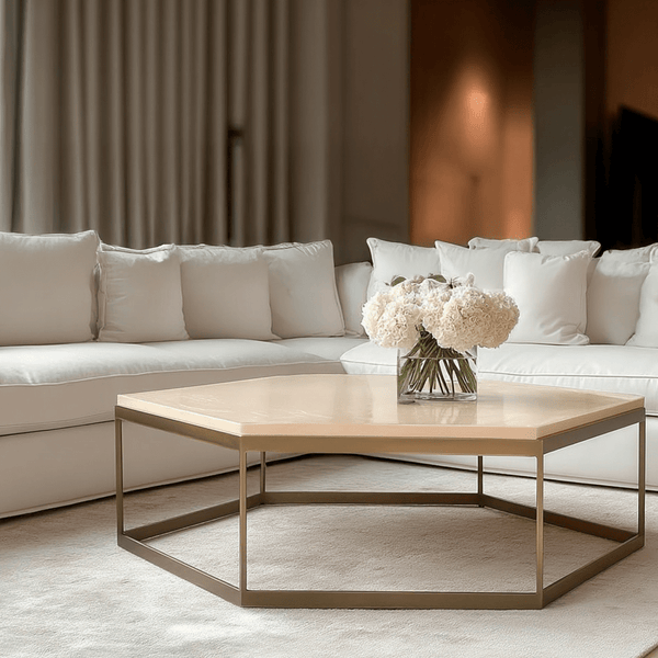 Tamzin Brass & Oak Hexagonal Coffee Table Furniture 