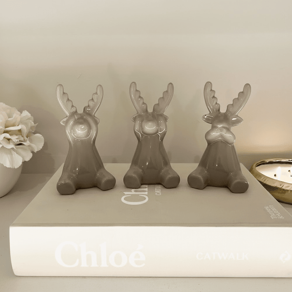 Taupe Ceramic Decorative Reindeer Ornaments Set of 3 Accessories 