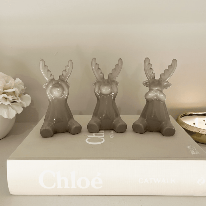 Taupe Ceramic Decorative Reindeer Ornaments Set of 3 Accessories 