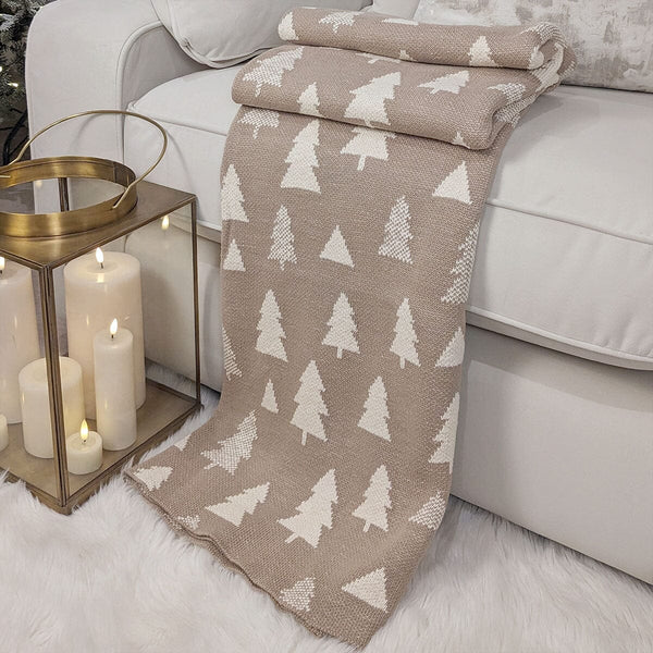 Taupe & Cream Festive Christmas Tree Print Throw Textiles 