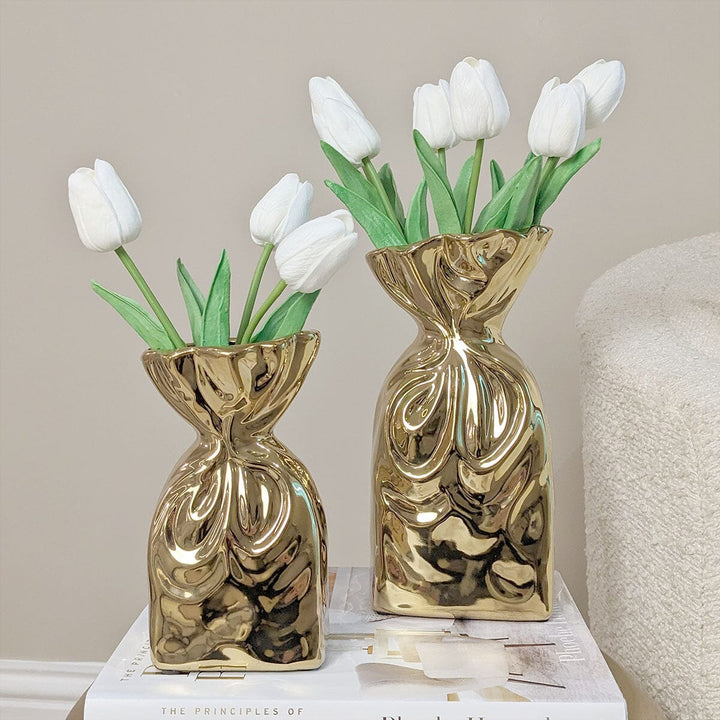 Tesora Gold Crinkled Ceramic Bag Vases - Set of 2 Accessories 