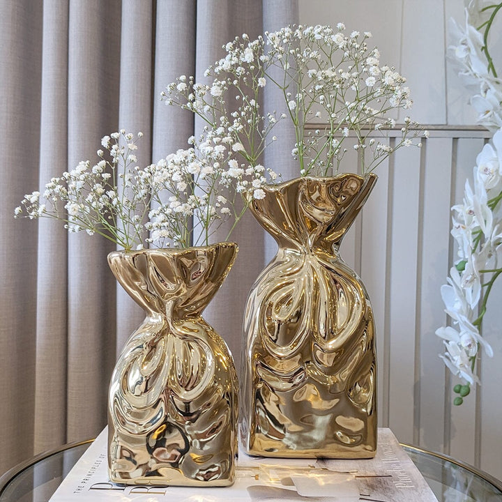 Tesora Gold Crinkled Ceramic Bag Vases - Set of 2 Accessories 