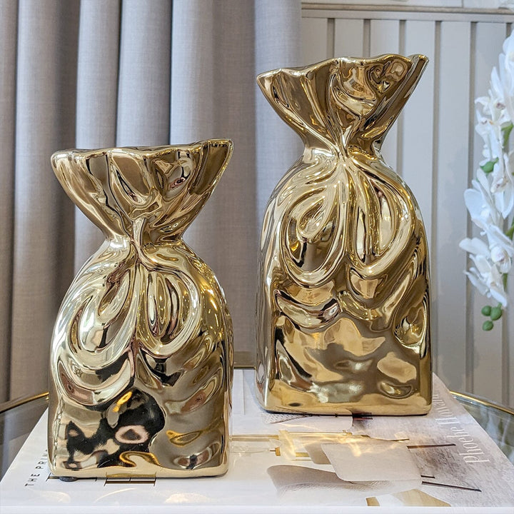 Tesora Gold Crinkled Ceramic Bag Vases - Set of 2 Accessories 