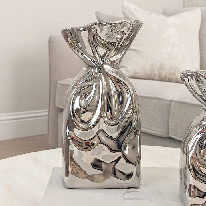 Tesora Silver Crinkled Ceramic Bag Vase Accessories 