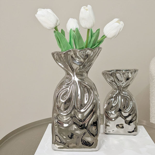 Tesora Silver Crinkled Ceramic Bag Vase Accessories 