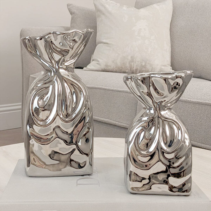 Tesora Silver Crinkled Ceramic Bag Vases - Set of 2 Accessories 