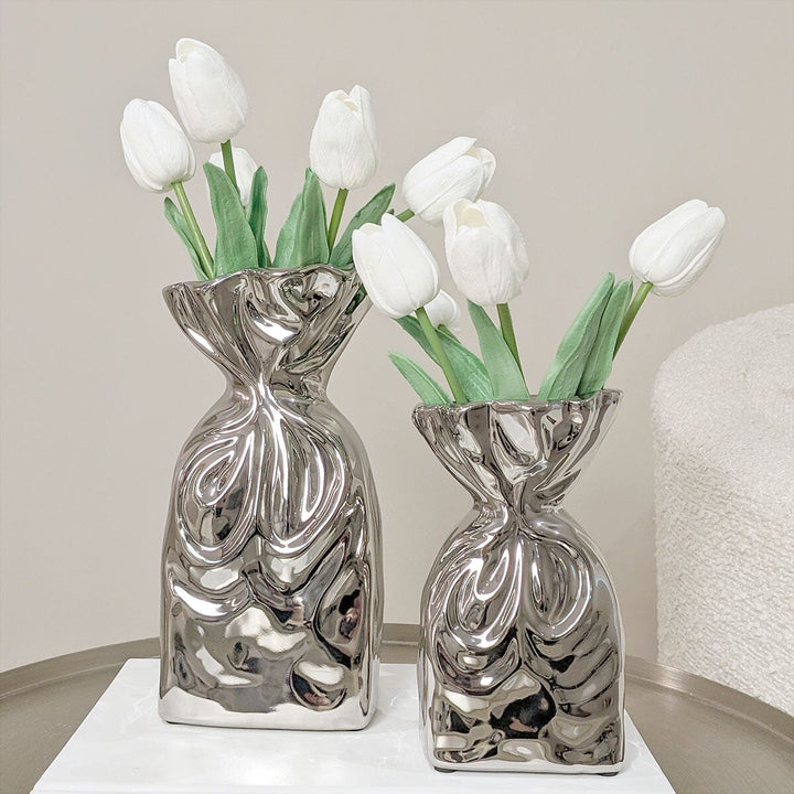 Tesora Silver Crinkled Ceramic Bag Vases - Set of 2 Accessories 