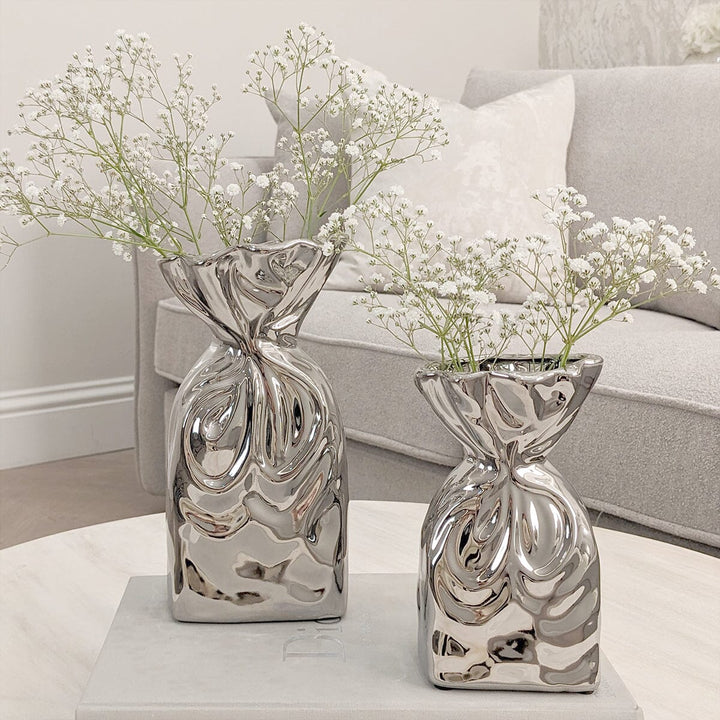 Tesora Silver Crinkled Ceramic Bag Vases - Set of 2 Accessories 