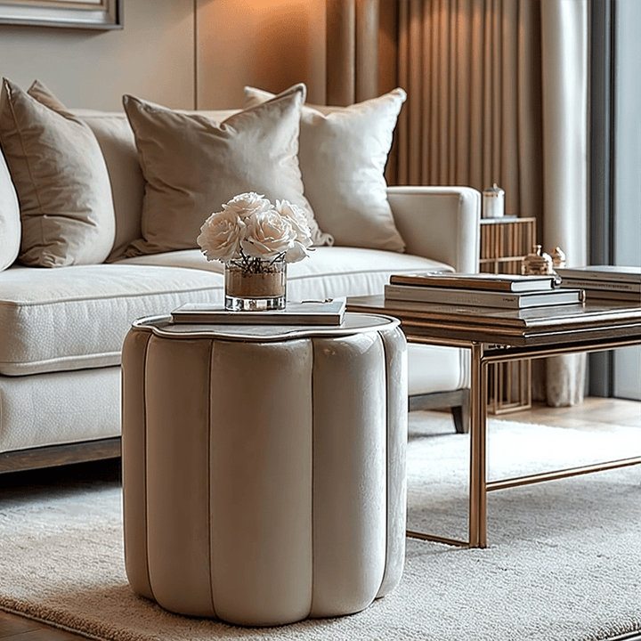 Tessara Taupe Velvet Scallop Detail Stool Furniture 
