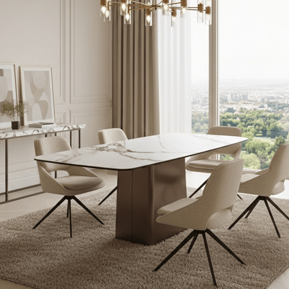 Theodora Brushed Bronze Rectangular Dining Table with Faux Marble Top Furniture 