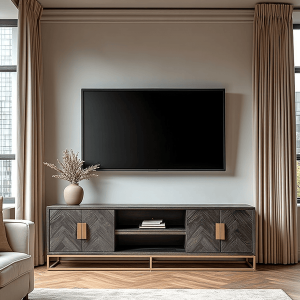Thessaly Black Chevron Media Unit with Brass Handles Furniture 