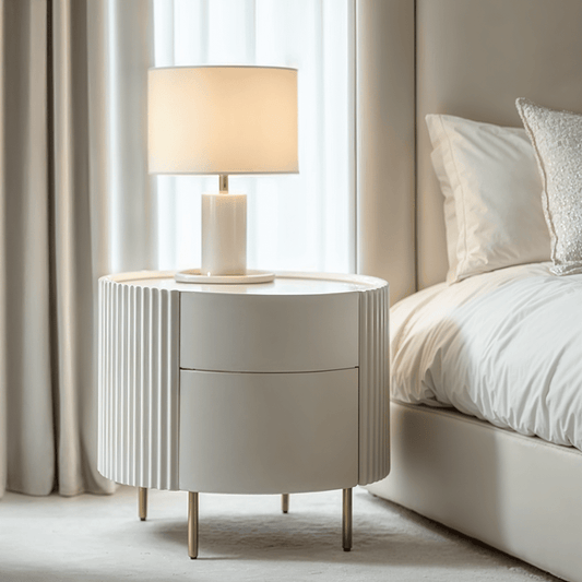 Tia Ribbed Rounded Beige 2 Drawer Bedside Table with Gold Legs Furniture 