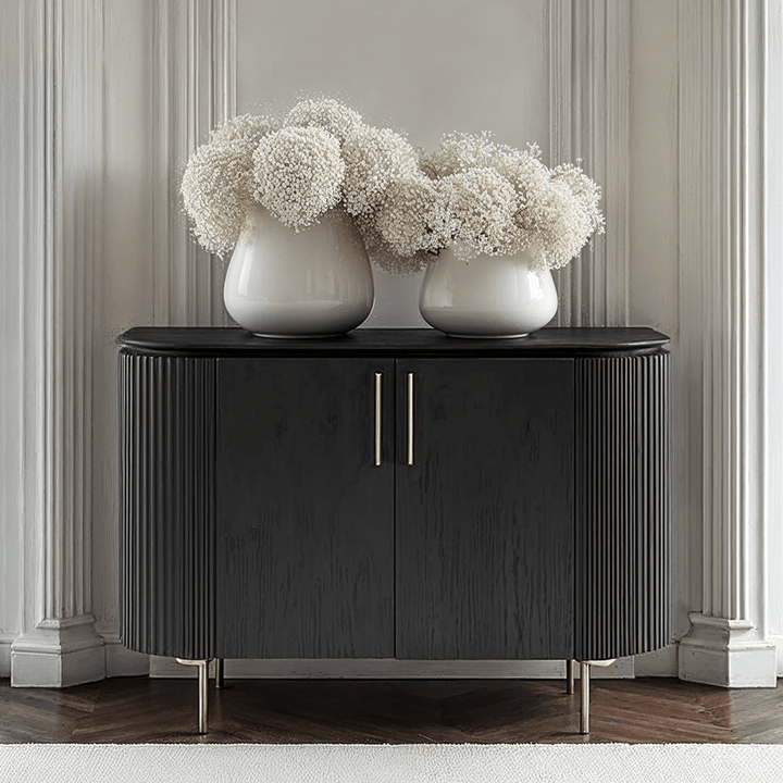 Tia Ribbed Rounded Black 2 Door Sideboard with Gold Legs Furniture 