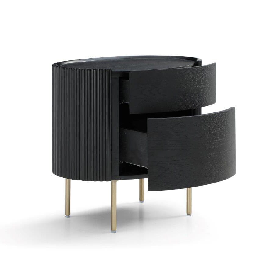 Tia Ribbed Rounded Black 2 Drawer Bedside Table with Gold Legs – Rowen ...