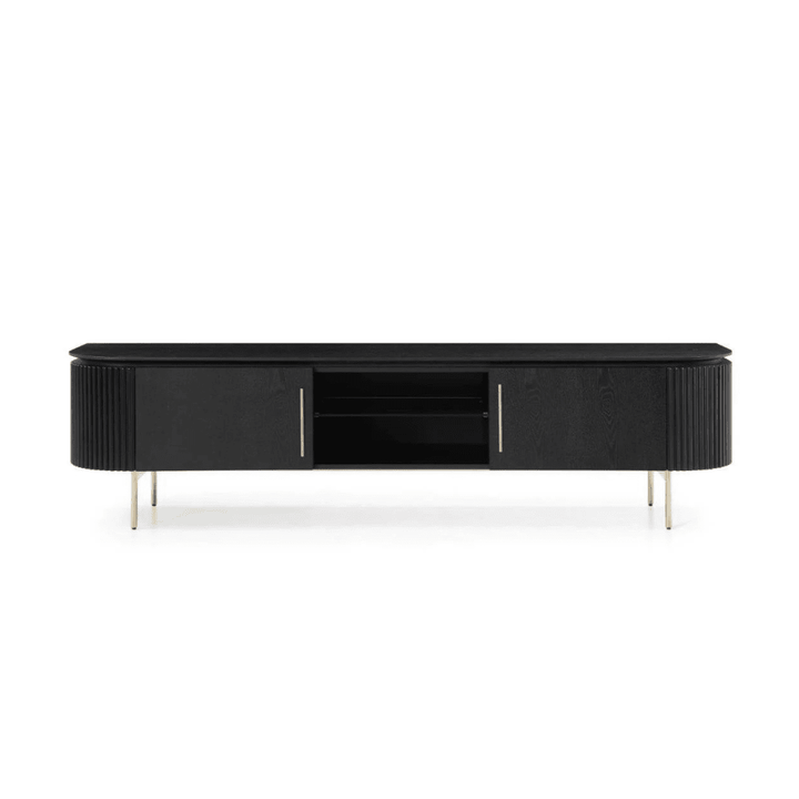 Tia Ribbed Rounded Black Media Unit with Gold Legs Furniture 