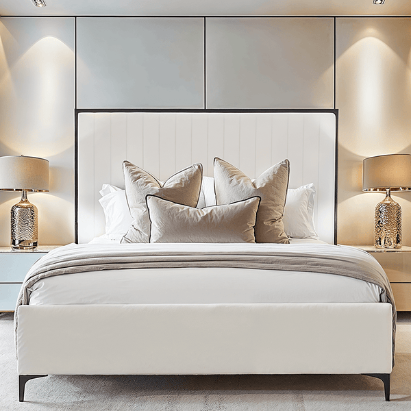 Tiffany Cream Velvet Bed With Black Frame Beds and Headboards 
