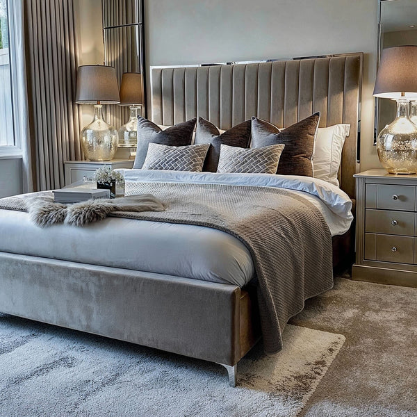 Tiffany Mink Velvet Bed with Silver Frame Beds and Headboards 