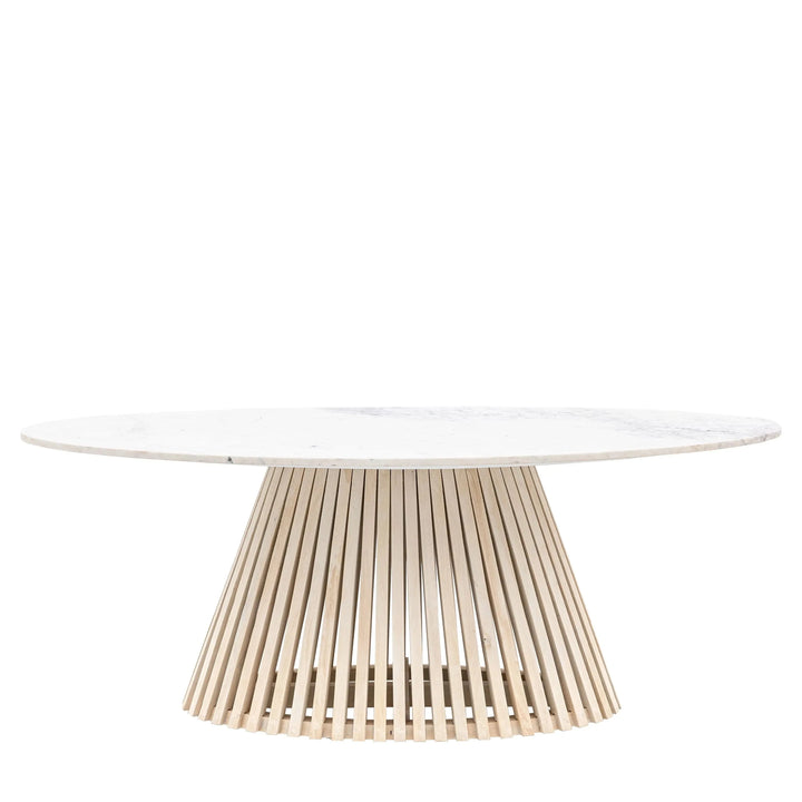 Tova Whitewash Slatted Wood Oval Dining Table with Marble Top Furniture 