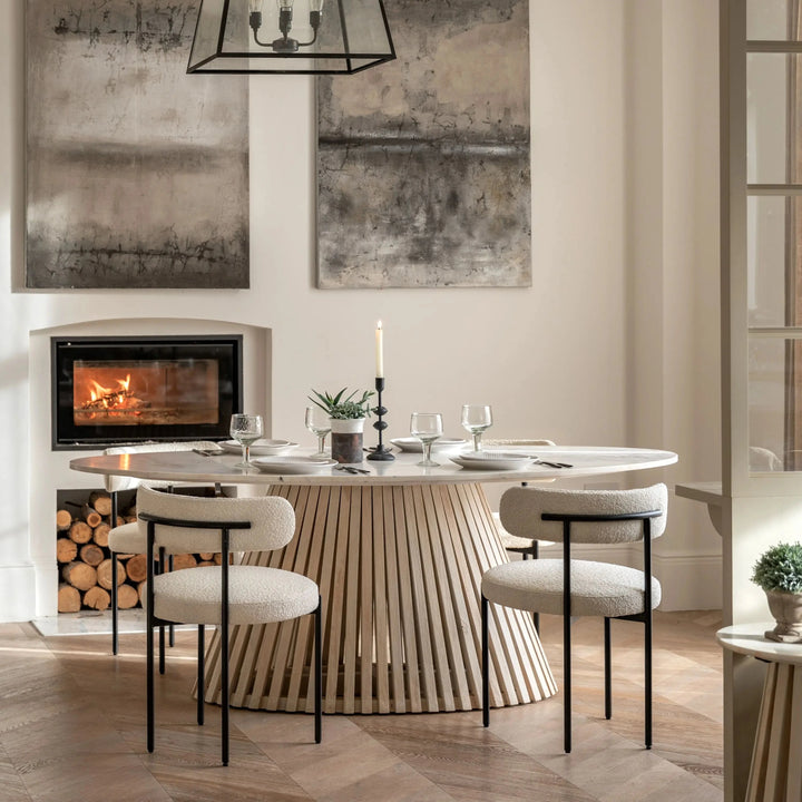 Tova Whitewash Slatted Wood Oval Dining Table with Marble Top Furniture 