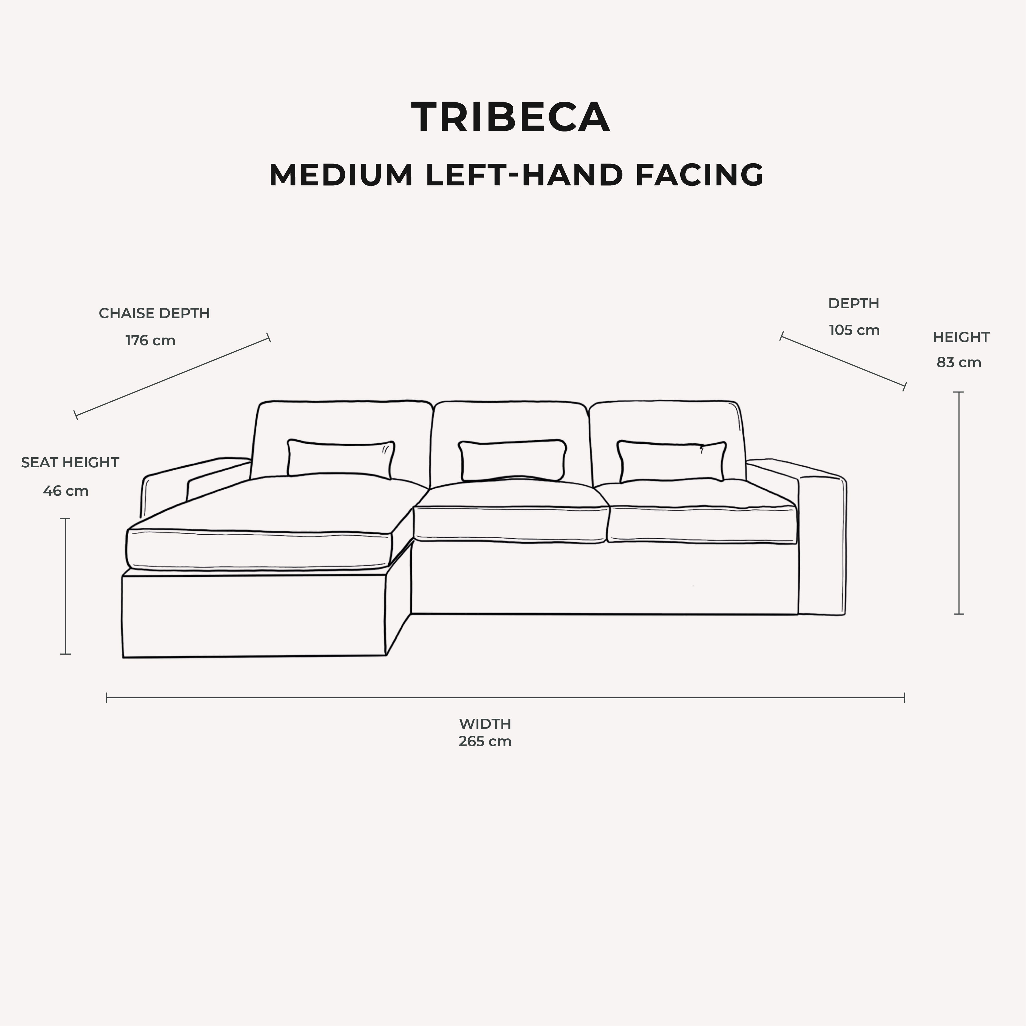 Tribeca Ash Greige Medium Left Hand Facing Chaise End Sofa dimensions