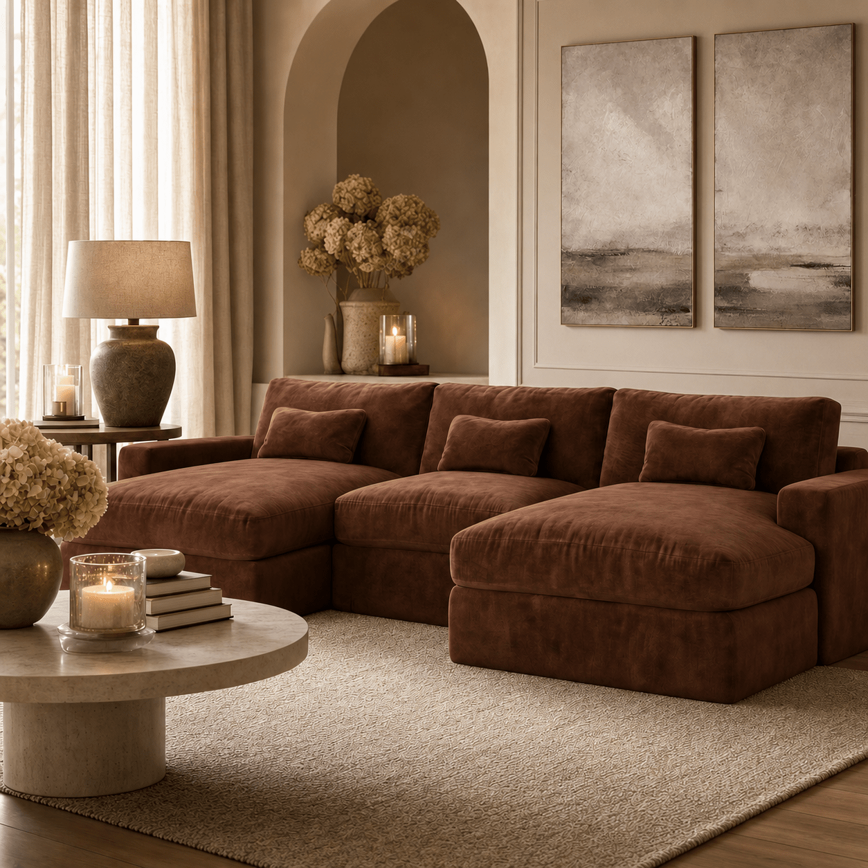 Tribeca Rust Velvet Large U Shape Sofa Sofa 