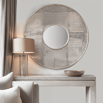 Vali Antique Silver Croc Effect Round Wall Mirror Accessories 