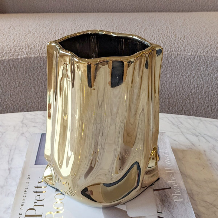 Vega Paper Bag Style Gold Ceramic Vase Accessories 