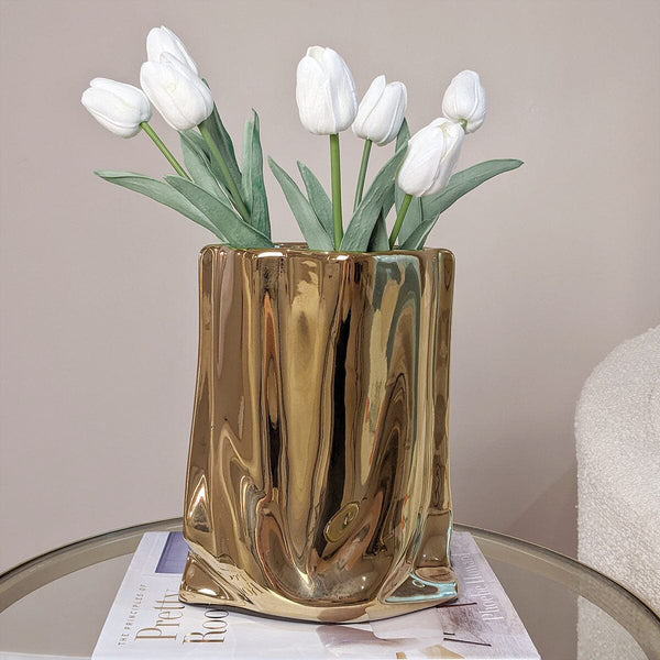 Vega Paper Bag Style Gold Ceramic Vase Accessories 