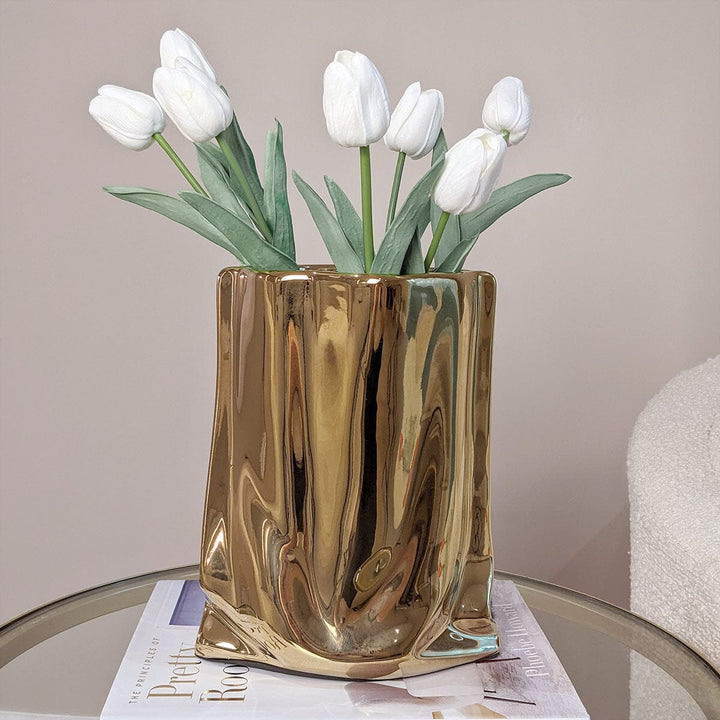 Vega Paper Bag Style Gold Ceramic Vase Accessories 