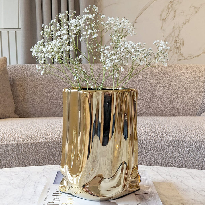 Vega Paper Bag Style Gold Ceramic Vase Accessories 