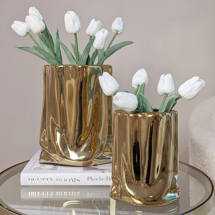 Vega Paper Bag Style Gold Ceramic Vases - Set of 2 Accessories 