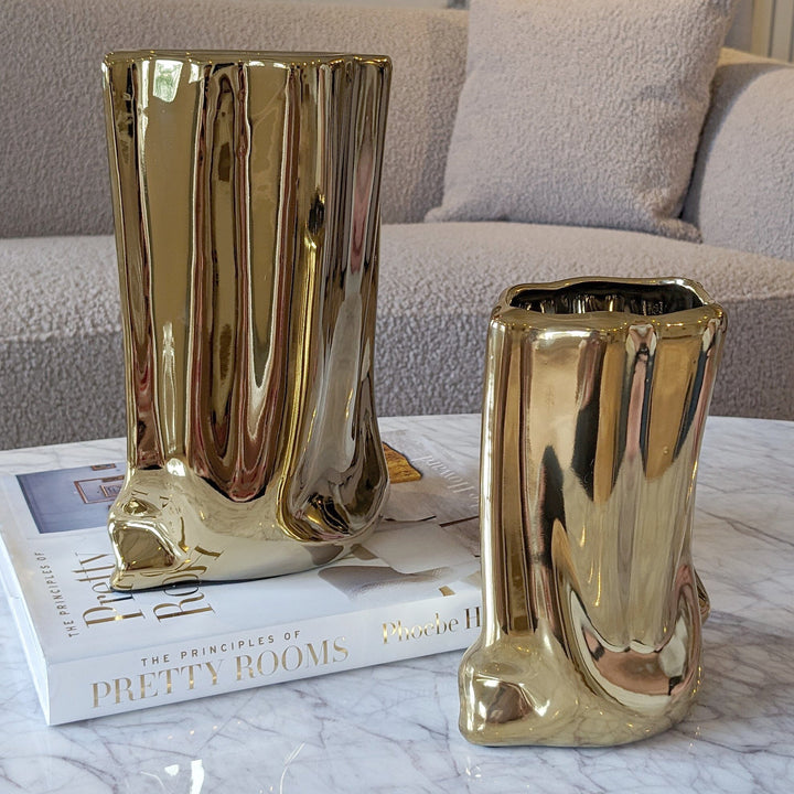 Vega Paper Bag Style Gold Ceramic Vases - Set of 2 Accessories 