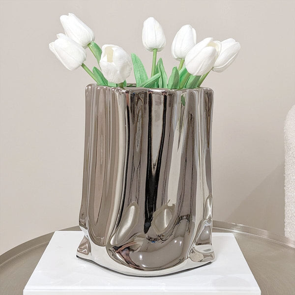 Vega Paper Bag Style Silver Ceramic Vase Accessories 