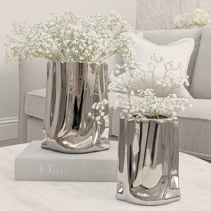 Vega Paper Bag Style Silver Ceramic Vases - Set of 2 Accessories 