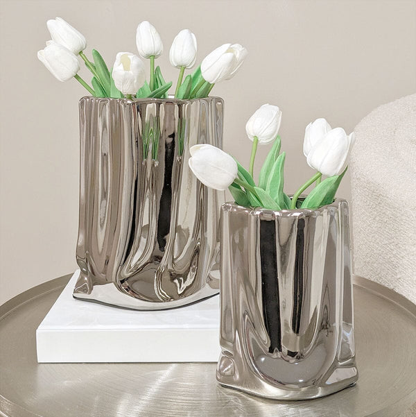 Vega Paper Bag Style Silver Ceramic Vases - Set of 2 Accessories 