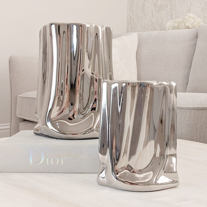 Vega Paper Bag Style Silver Ceramic Vases - Set of 2 Accessories 