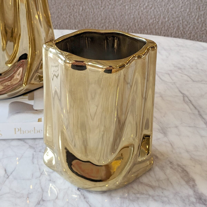 Vega Petite Paper Bag Style Gold Ceramic Vase Accessories 