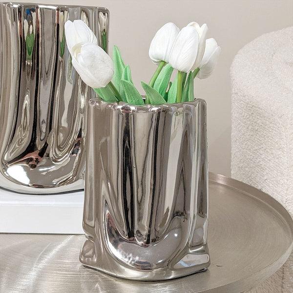 Vega Petite Paper Bag Style Silver Ceramic Vase Accessories 