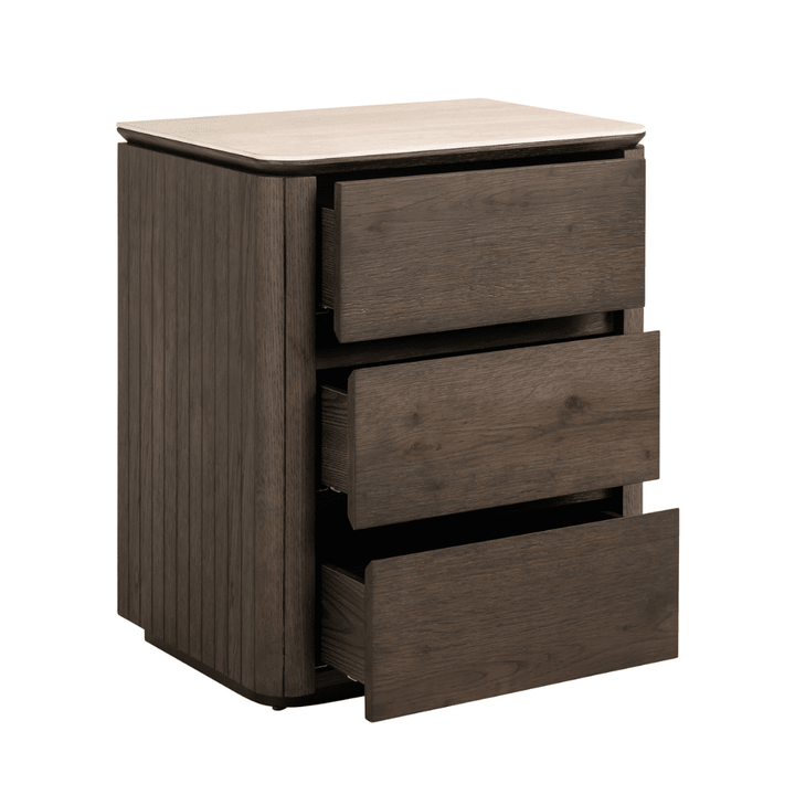 Verity Dark Brown 3 Drawer Bedside Table with Travertine Top Furniture 