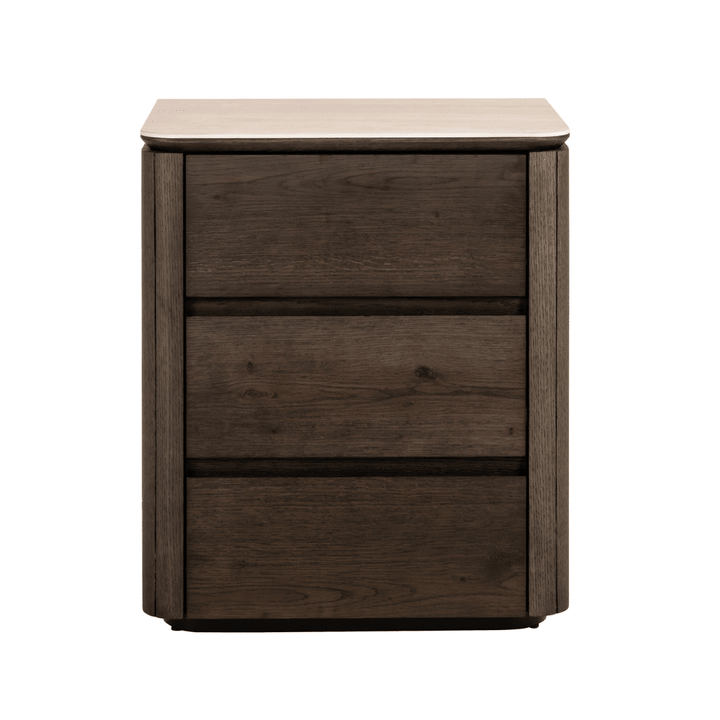 Verity Dark Brown 3 Drawer Bedside Table with Travertine Top Furniture 