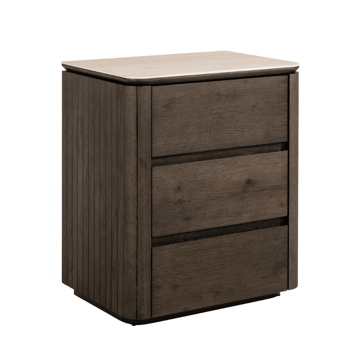 Verity Dark Brown 3 Drawer Bedside Table with Travertine Top Furniture 