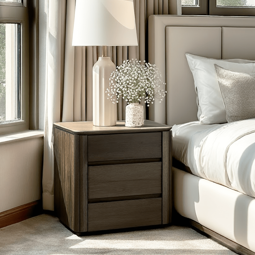 Verity Dark Brown 3 Drawer Bedside Table with Travertine Top Furniture 